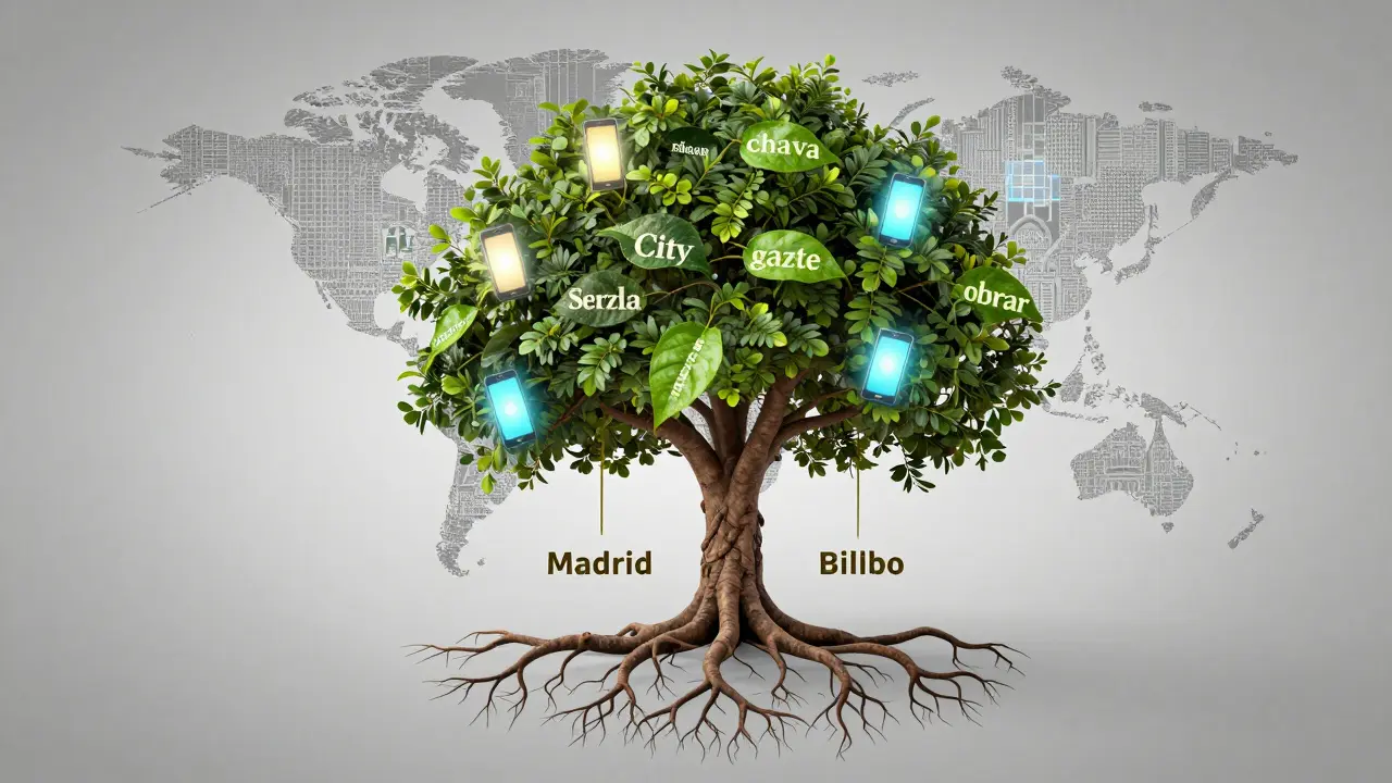 A living tree with regional Spanish words as leaves, roots in Spain and branches reaching global cities, glowing with digital energy.