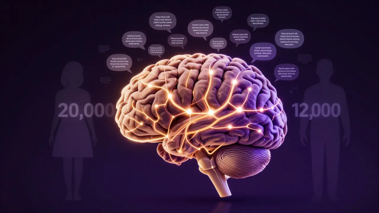 Anatomical brain illustration with glowing neural connections and floating word counts.