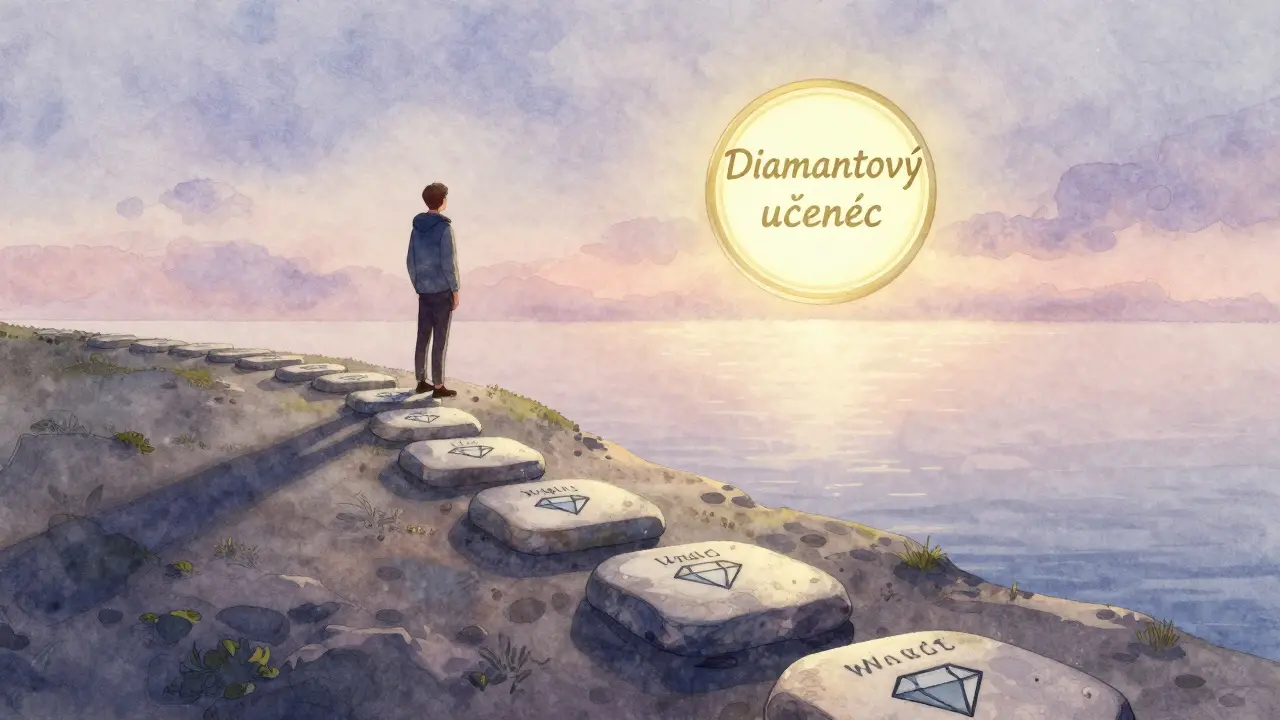 Cesta z kamenů s diamanty vede k odznaku 'Diamantový učenec' na obzoru.