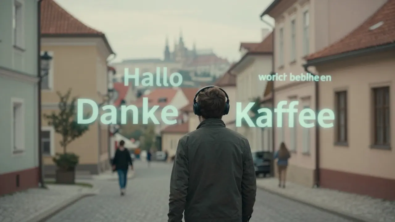 Člověk naslouchá německému podcastu, zatímco německá slova plavou ve vzduchu