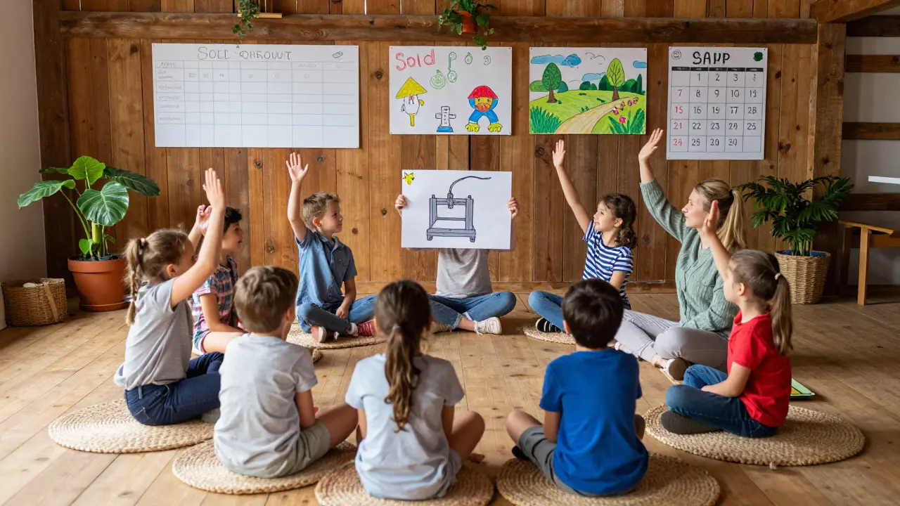 Děti a rodiče hlasují o nákupu 3D tiskárny na společné schůzce ve vzdělávacím prostoru.