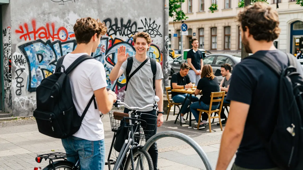 Dva přátelé si říkají 'Hallo' na ulici v Berlíně.