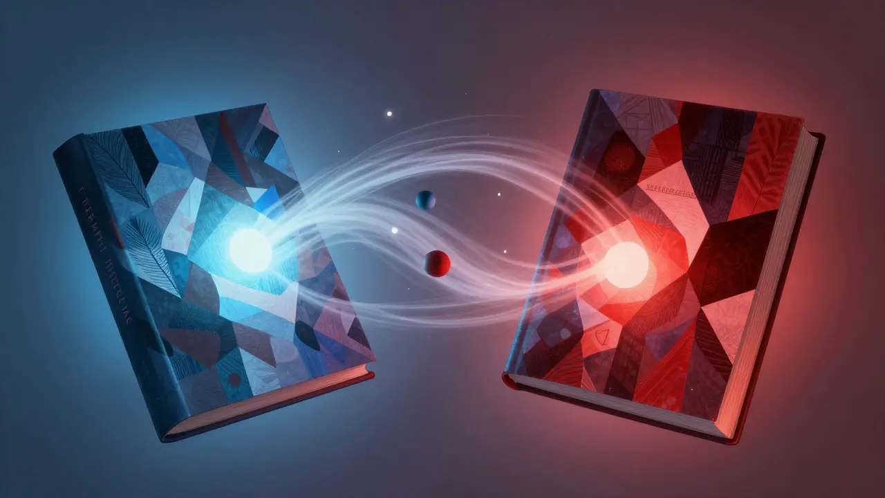 Dvě knihy s abstraktními obálkami, stránky přeměněné na barevné proudy