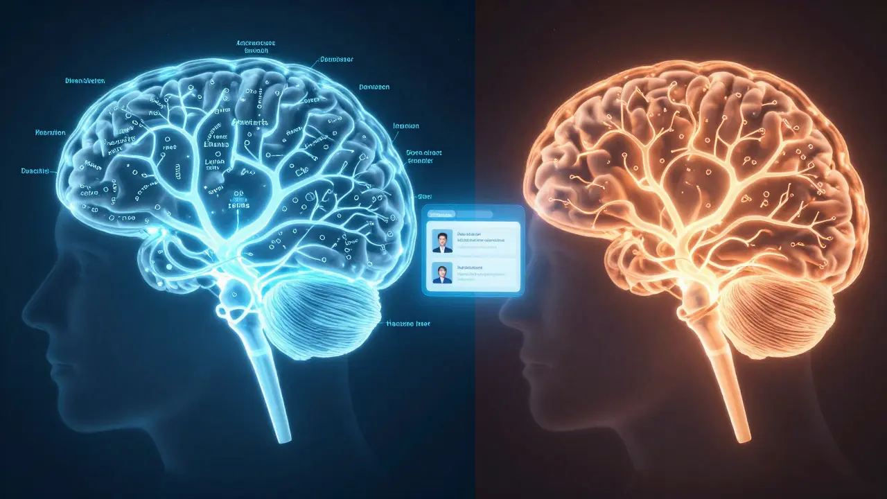 Dvě mozkové scény: žena s hustými jazykovými spojeními, muž s aktivně rostoucími.