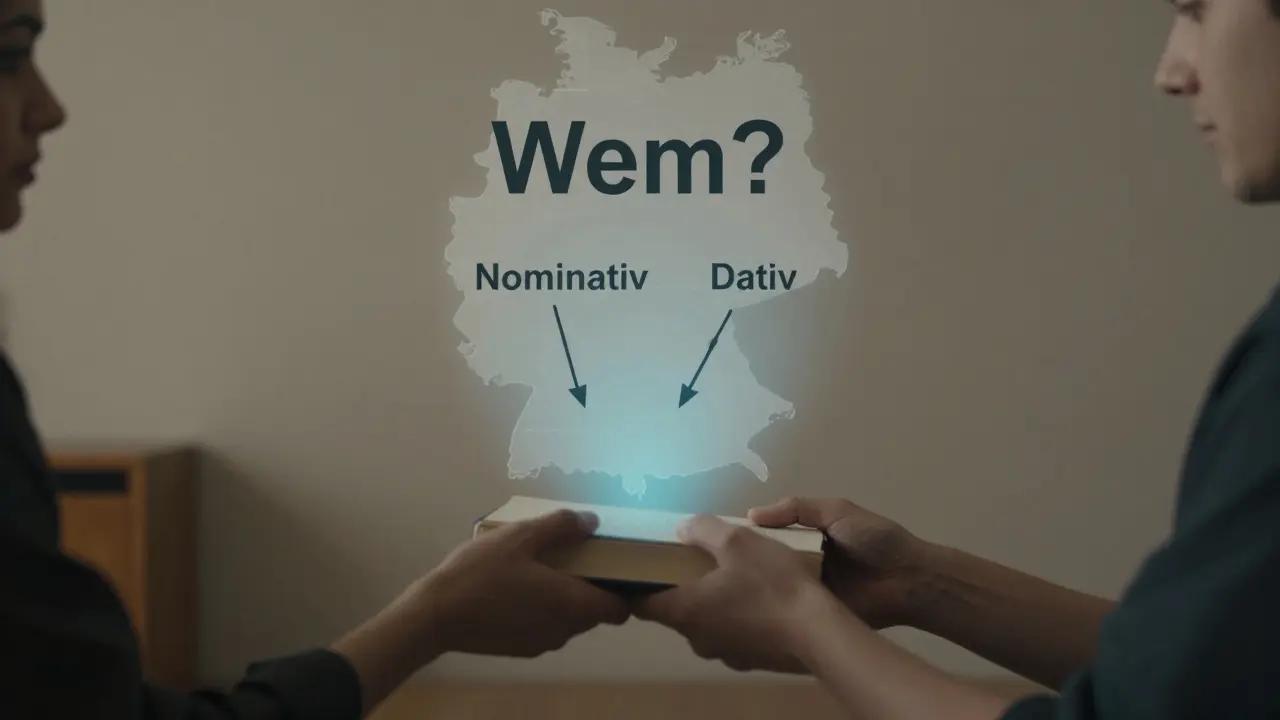 Dvě postavy: jedna dává knihu druhé, nad nimi visí otázka 'Wem?' jako důkaz dativu.