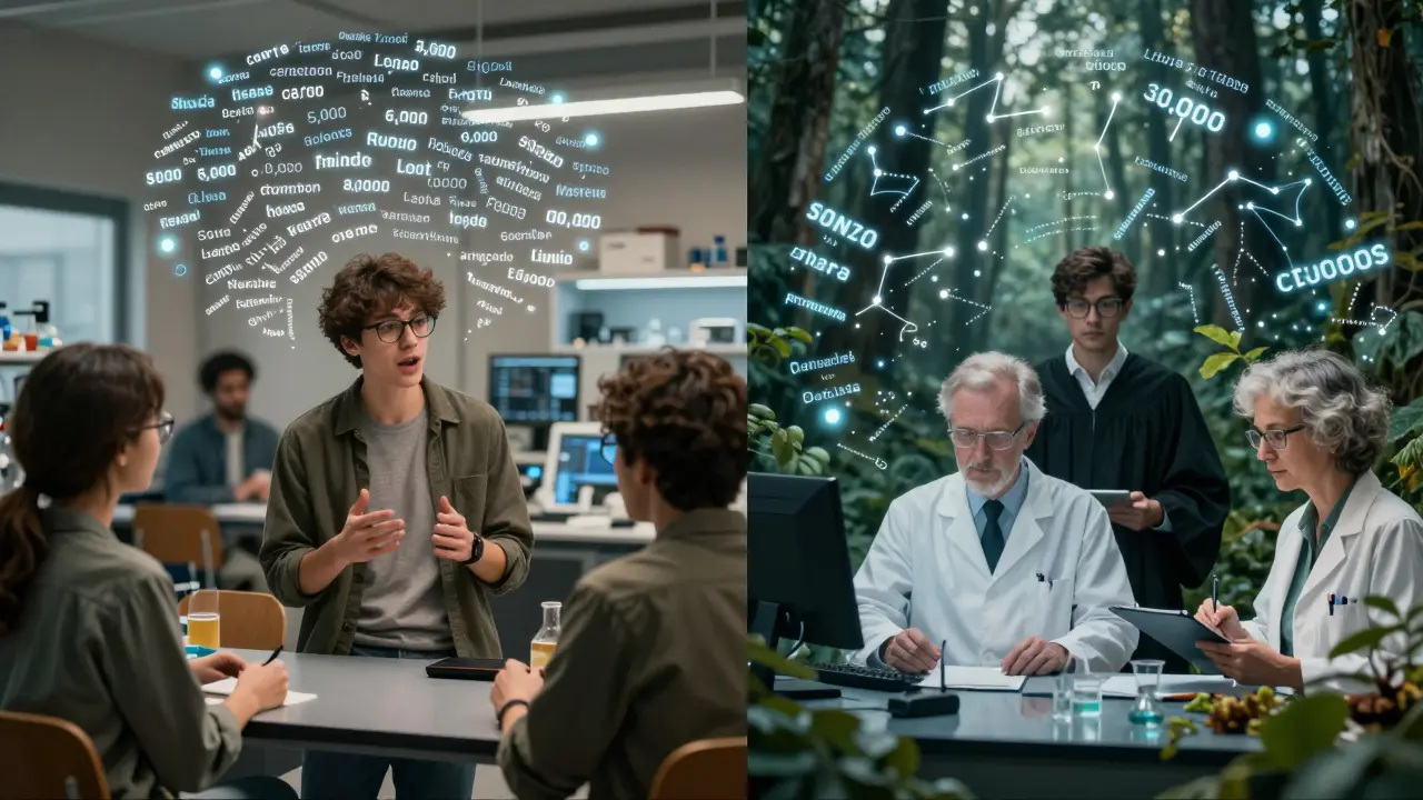 Dvě scény: běžná komunikace vlevo a odborné termíny vpravo, znázorňující různé úrovně slovní zásoby.