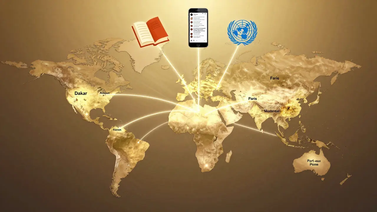 Globální mapa s propojeními mezi africkými, evropskými a karibskými městy, kde se šíří francouzština.