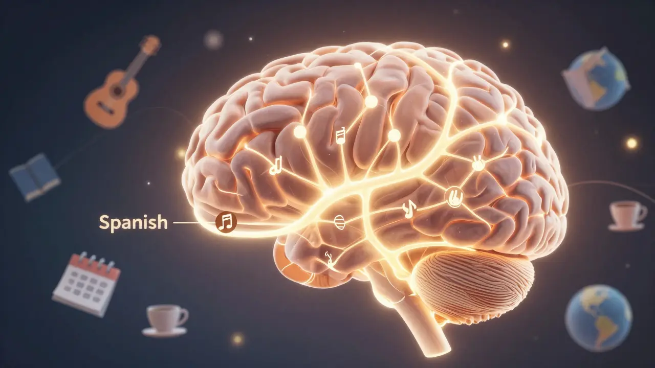 Glowing brain s neuronovými spojeními spojenými se španělštinou, hudbou, knihou a denní praxí.