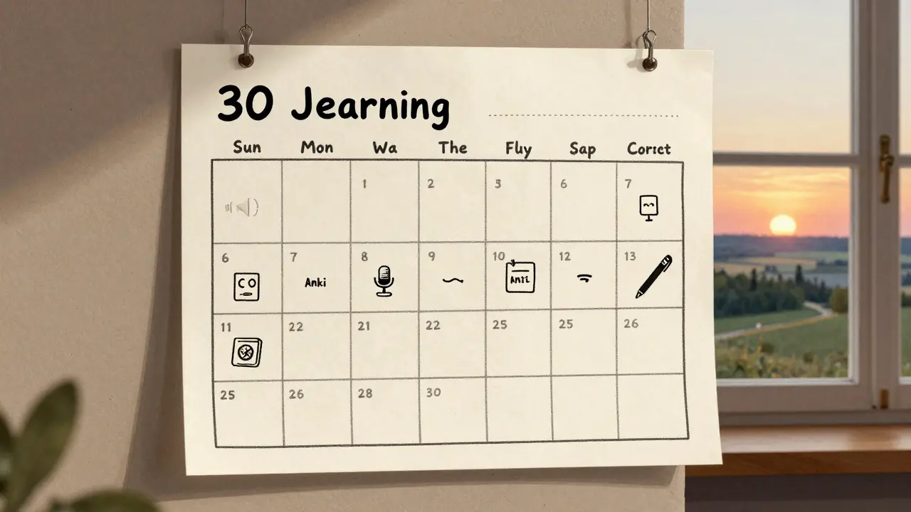 Kalendář 30 dní s ikonami učení němčiny a výhledem na německo-českou hranici