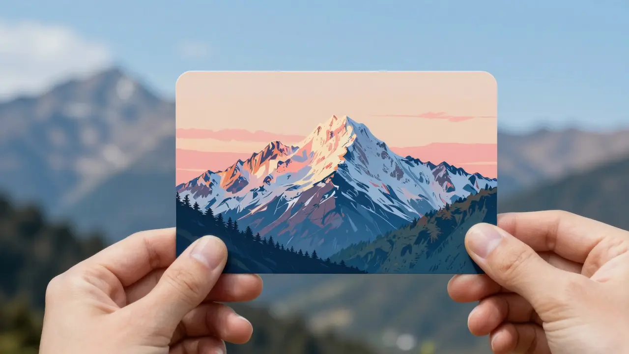 Kartička s horou spojená s reálnou horou na pozadí pro vizuální učení.