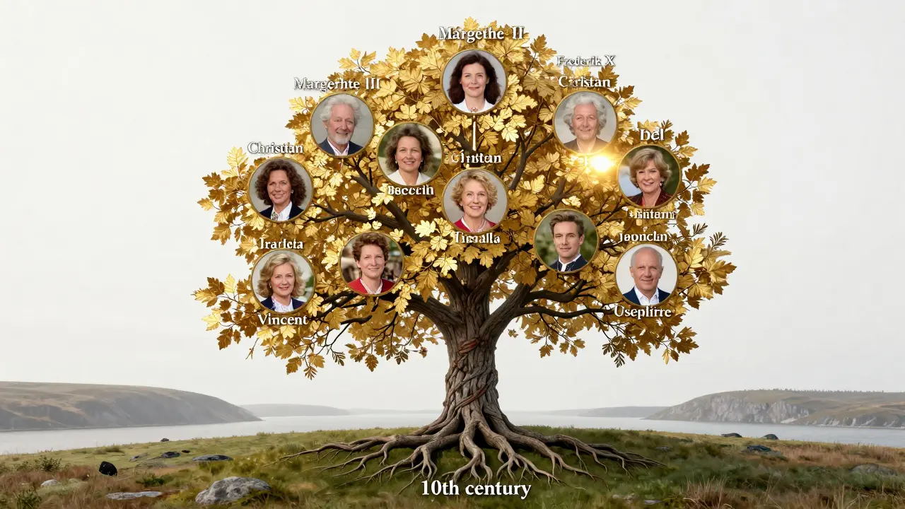 Královský rodokmen jako starý dub s větvemi představujícími nástupce trůnu.