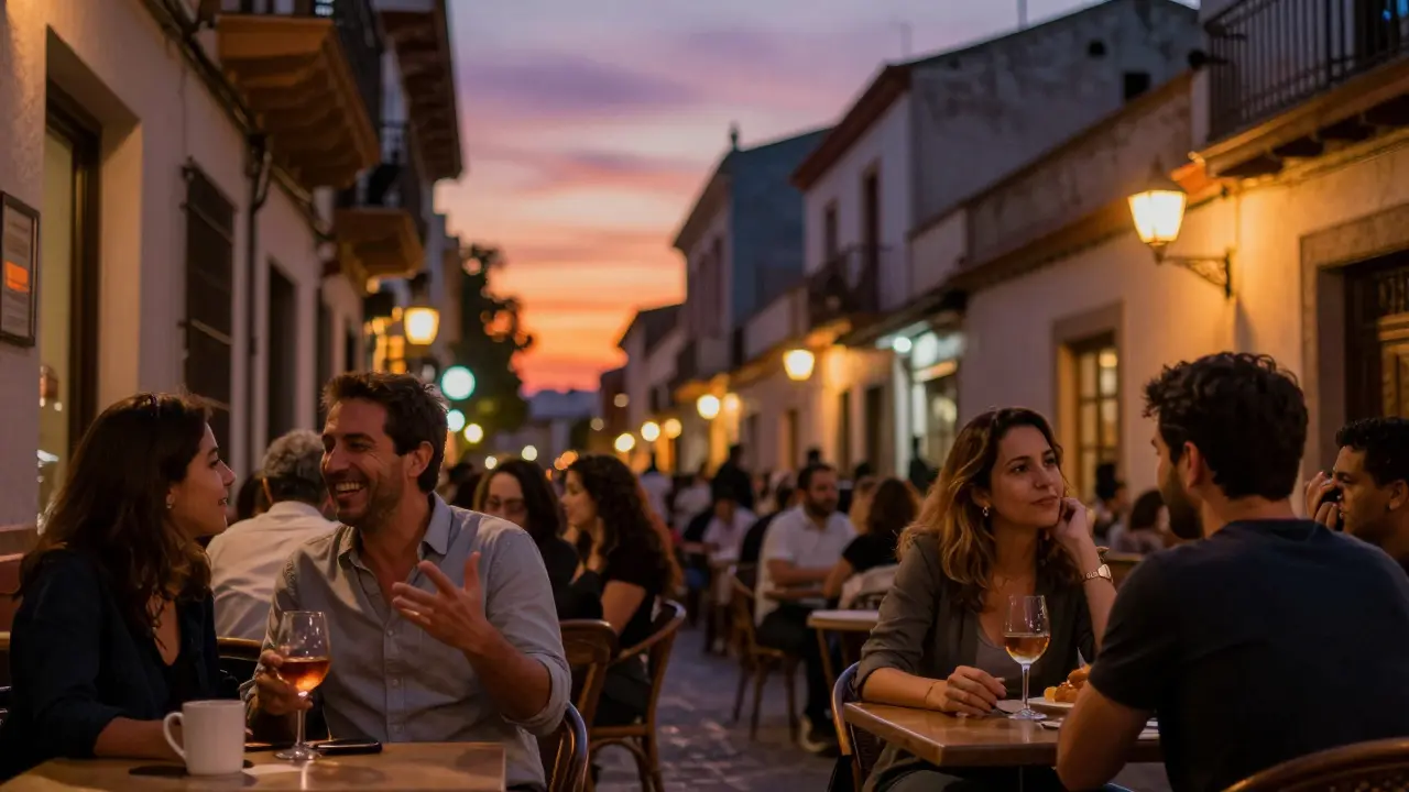 Lidé si sedí v kavárně večer, nechávají čas plynout bez hodinek.