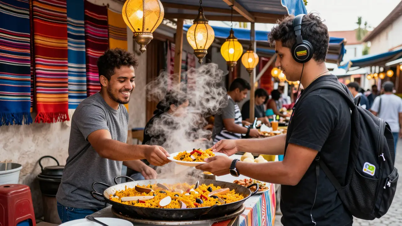 Muž z Česka si objednává paellu na latinskoamerickém trhu, okolo něj jsou barvité textilie a sluchátka.