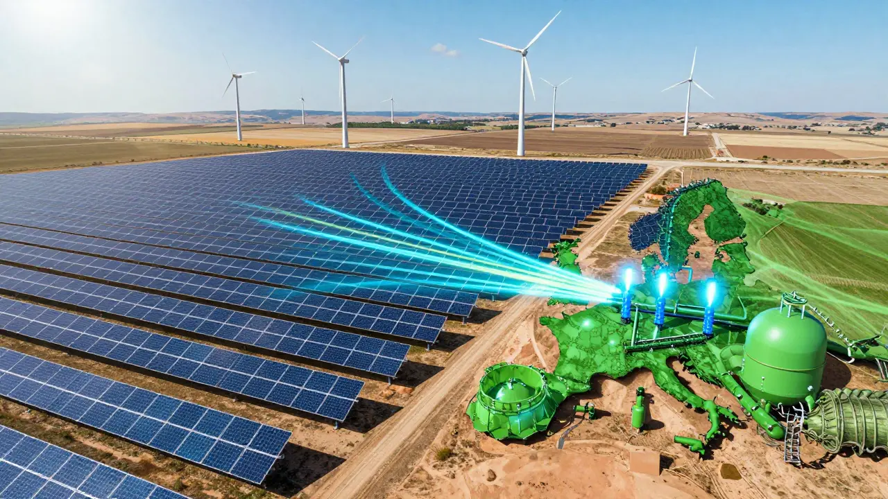 Obří solární farmy ve Španělsku s větrnými turbínami a zeleným vodíkem v pozadí.