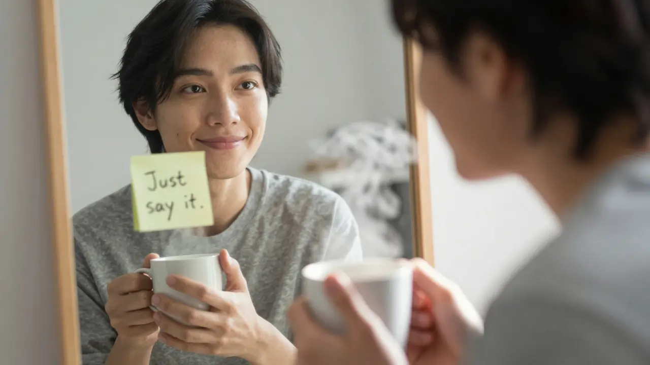 Osoba mluví sám sebou před zrcadlem, zatímco dělá kávu, s nálepkou 'Just say it.'