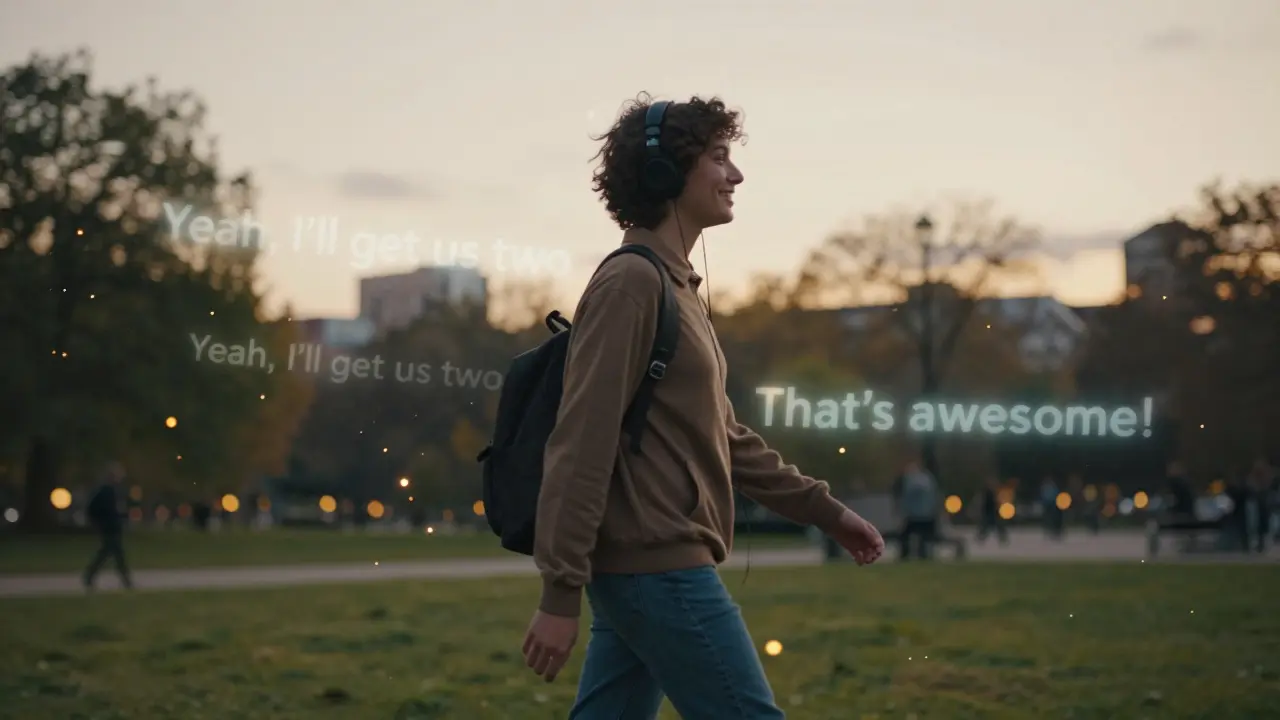 Osoba prochází parkem večer, poslouchá anglický podcast, kolem ní plavou anglické věty.