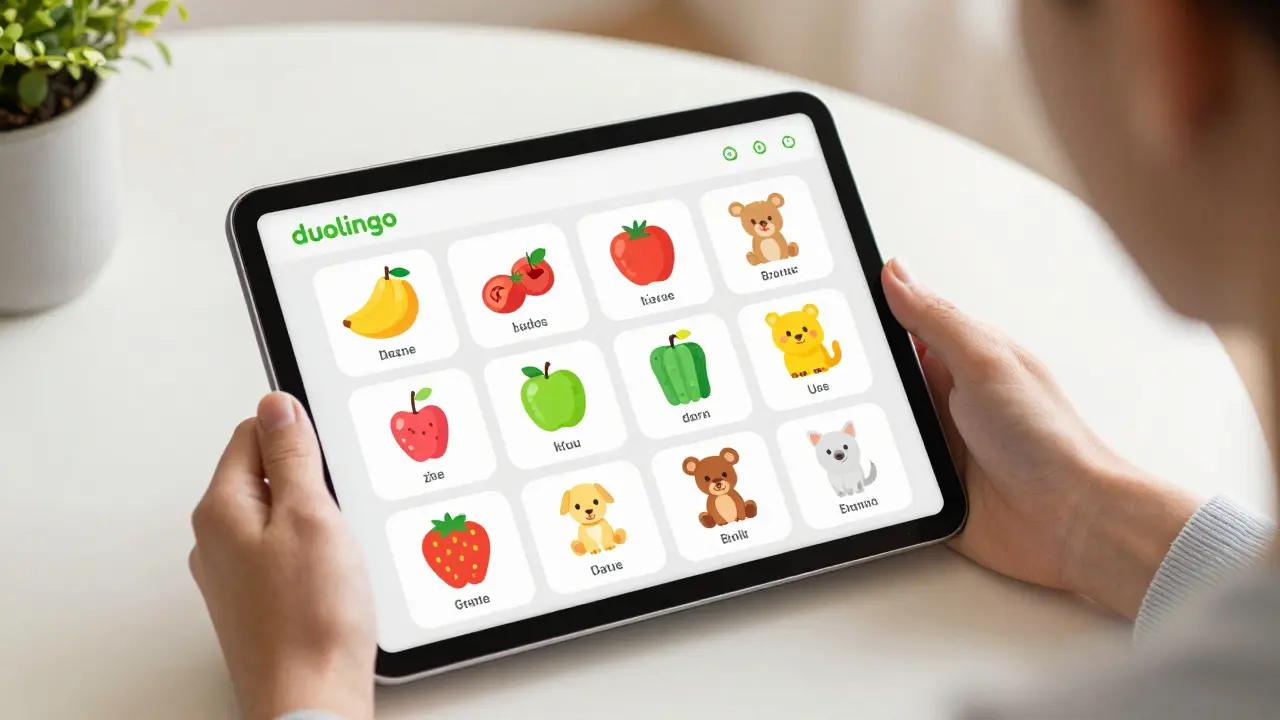 Osoba s tabletem Duolingo pro učení němčiny s obrázky.
