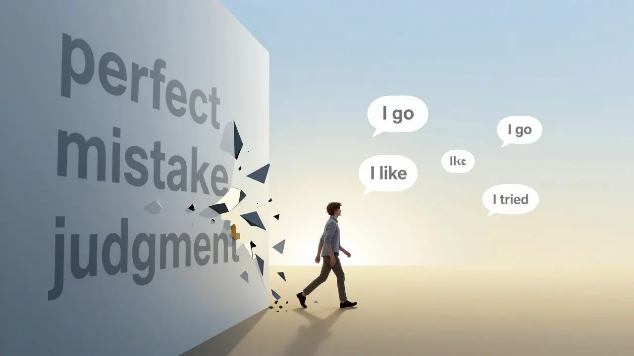 Postava prolomí zeď slov 'dokonalost' a 'chyba' a vstupuje do světla.