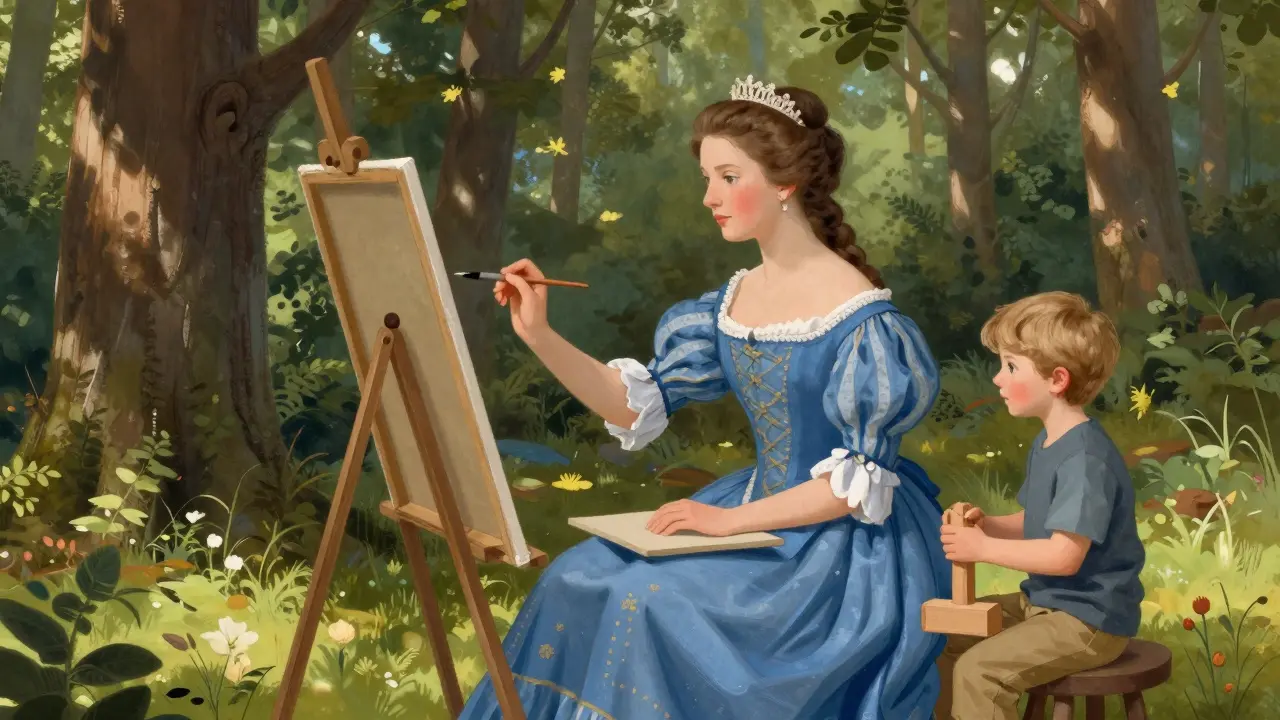 Princezna Isabella maluje v lese, její mladší bratr Vincent hraje poblíž.