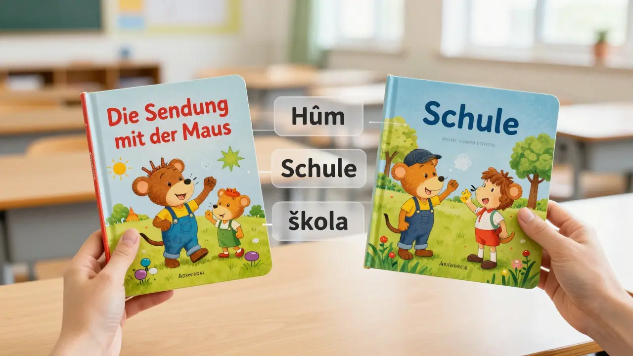 Ruce drží německou a českou dětskou knížku s překryvem podobných slov jako 'Haus' a 'dům'.