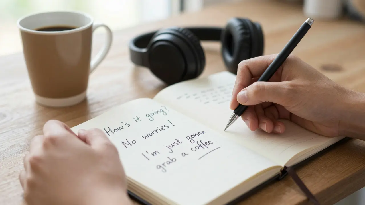 Ruce píší anglické konverzační fráze v sešitě vedle kávy a sluchátek.