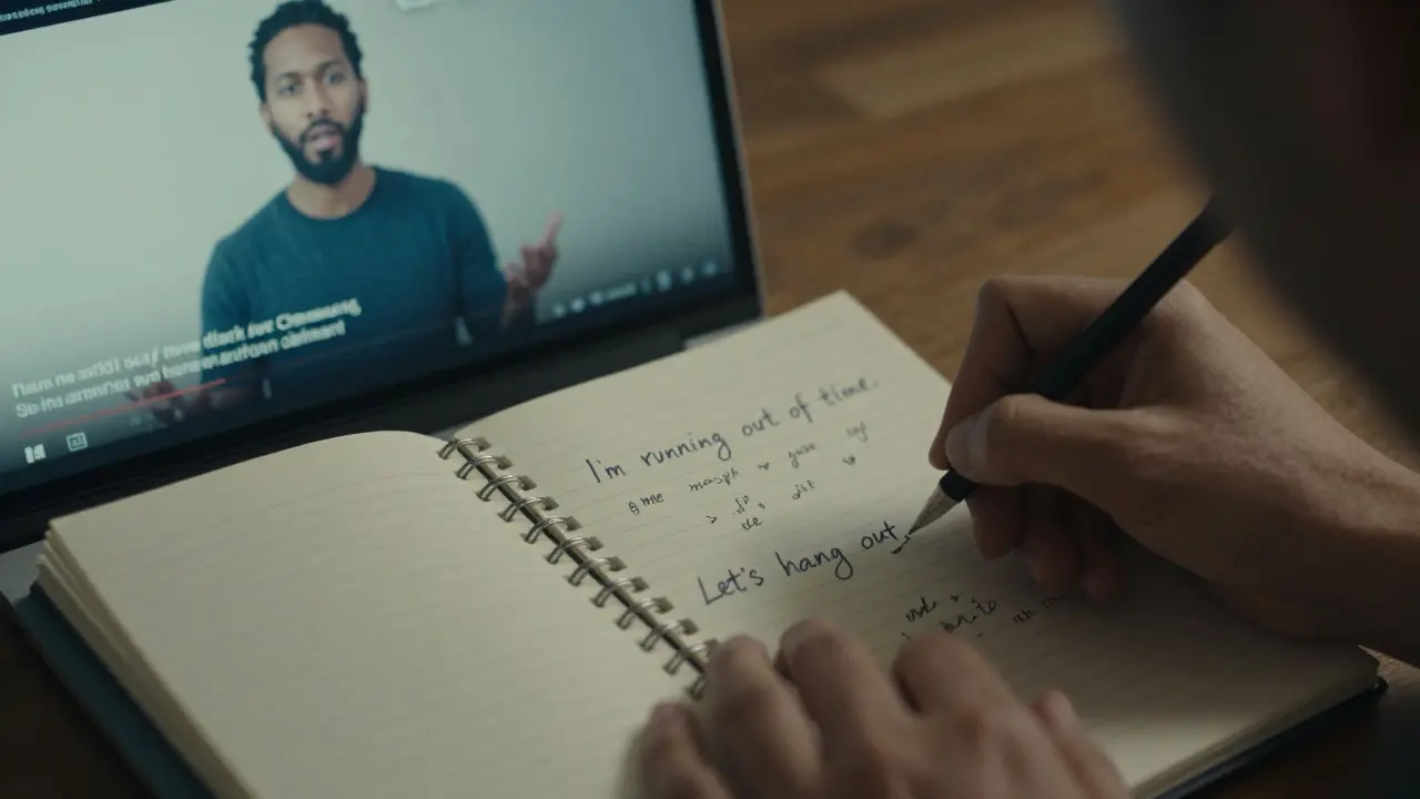 Ruce píší běžné anglické fráze v sešitu, za nimi se zobrazuje YouTube video.