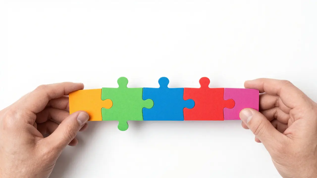 Ruce rozkládají dlouhou větu na barevné části jako puzzle pro lepší pochopení