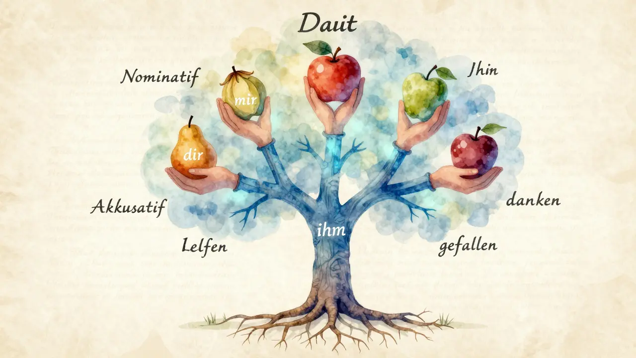 Symbolický strom jazyka s modrou větví dativu a dárky označenými zájmeny jako 'mir' a 'dir'.