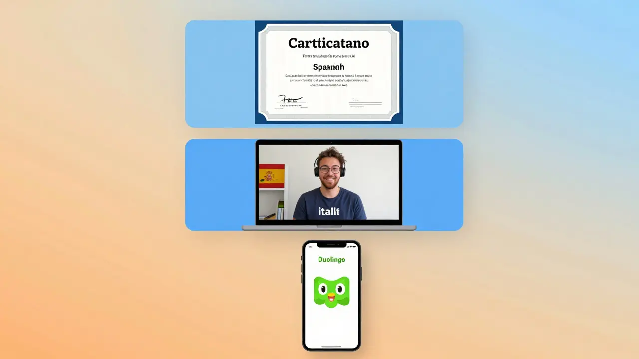 Tři úrovně online učení španělštiny: aplikace, hodiny s učitelem a certifikát Instituto Cervantes.