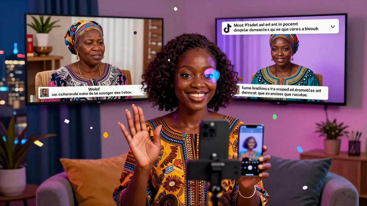 Young African woman filming a French-language TikTok video with digital hashtags around her.