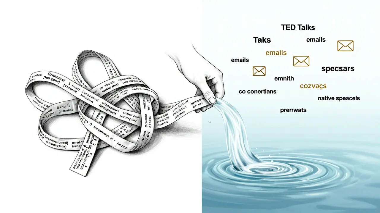A conceptual image showing tangled grammar rules dissolving into a river of real-life language use.