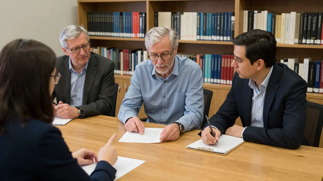 A student explains a translation choice to three professors during an oral exam in a university seminar room.