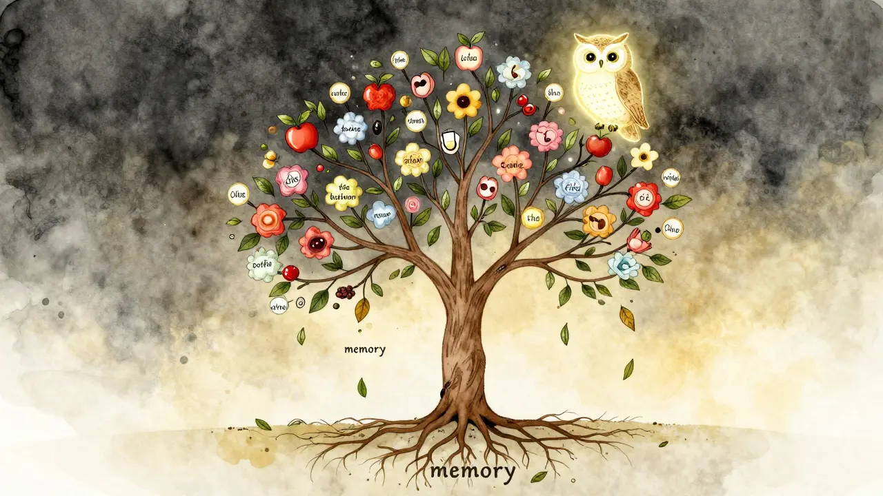 Abstract tree with vocabulary flowers and falling leaves being replanted at perfect intervals.