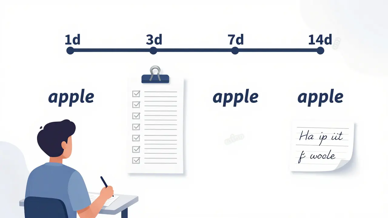 Animated visualization of spaced repetition with the word 'apple' appearing at increasing time intervals.