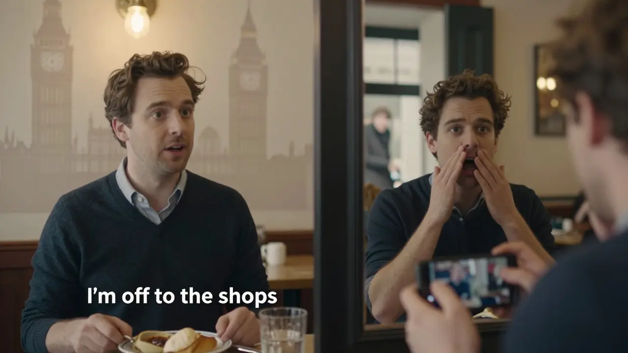 Čech opakuje britskou výslovnost před zrcadlem, zatímco na obrazovce je Brit mluvící v kavárně.
