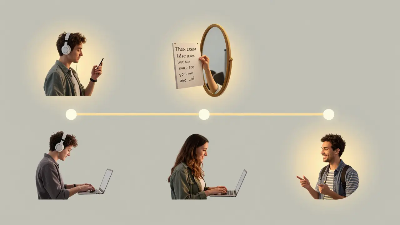 Cesta pokroku od poslouchání podcastu až po přirozený rozhovor, znázorněná jako světlá cesta skrze každodenní scény.