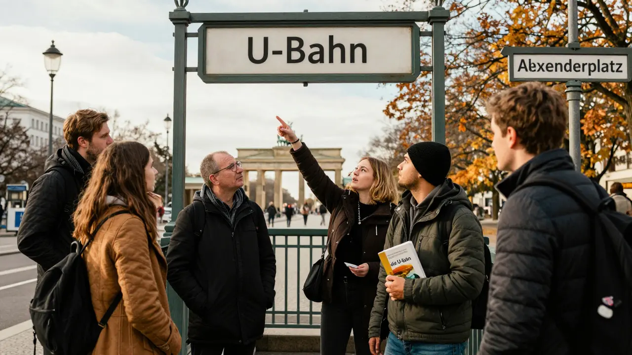 Cestovatelé v Berlíně před nádražím s významem 'U-Bahn' bez členu.