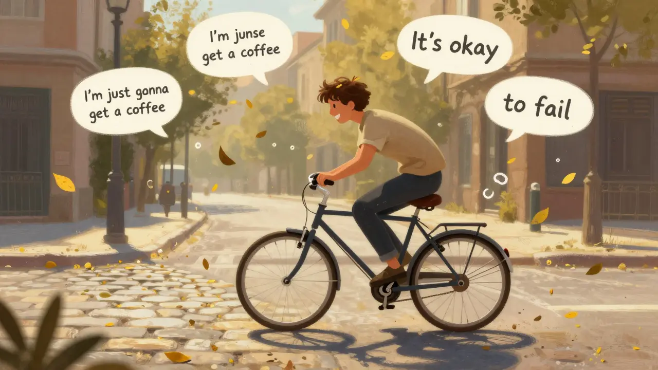 Člověk padá z kola na ulici, ale smíře, kolem něj plují anglické fráze jako 'I'm gonna get a coffee'.