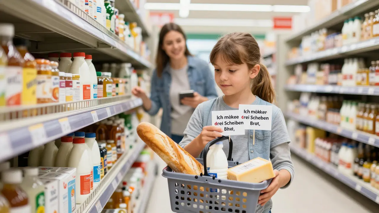 Člověk v německém supermarketu drží chléb a mléko a tiše opakuje německé věty.