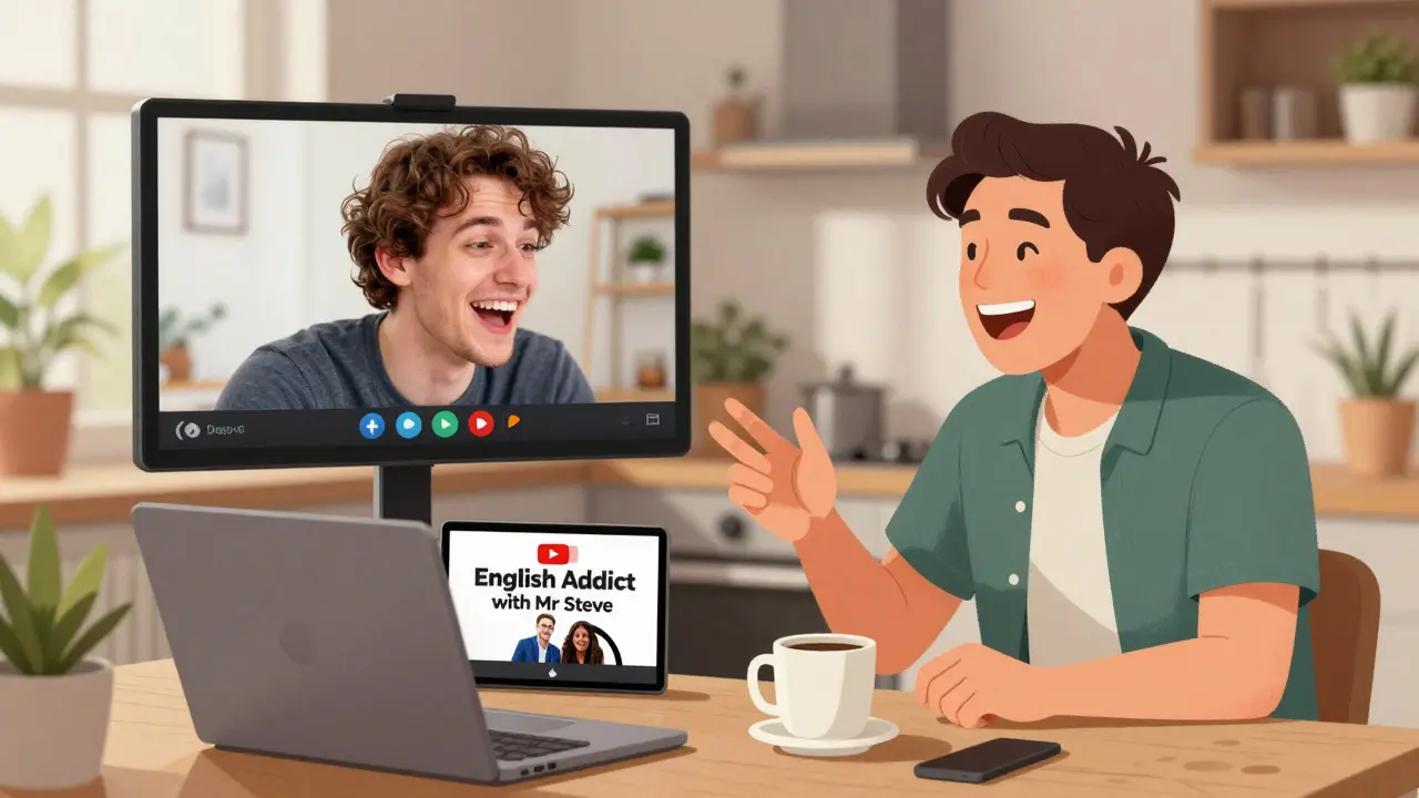 Dva lidé na videokonferenci se smějí během přirozeného rozhovoru v angličtině, v pozadí počítač s kavou a podcastem.