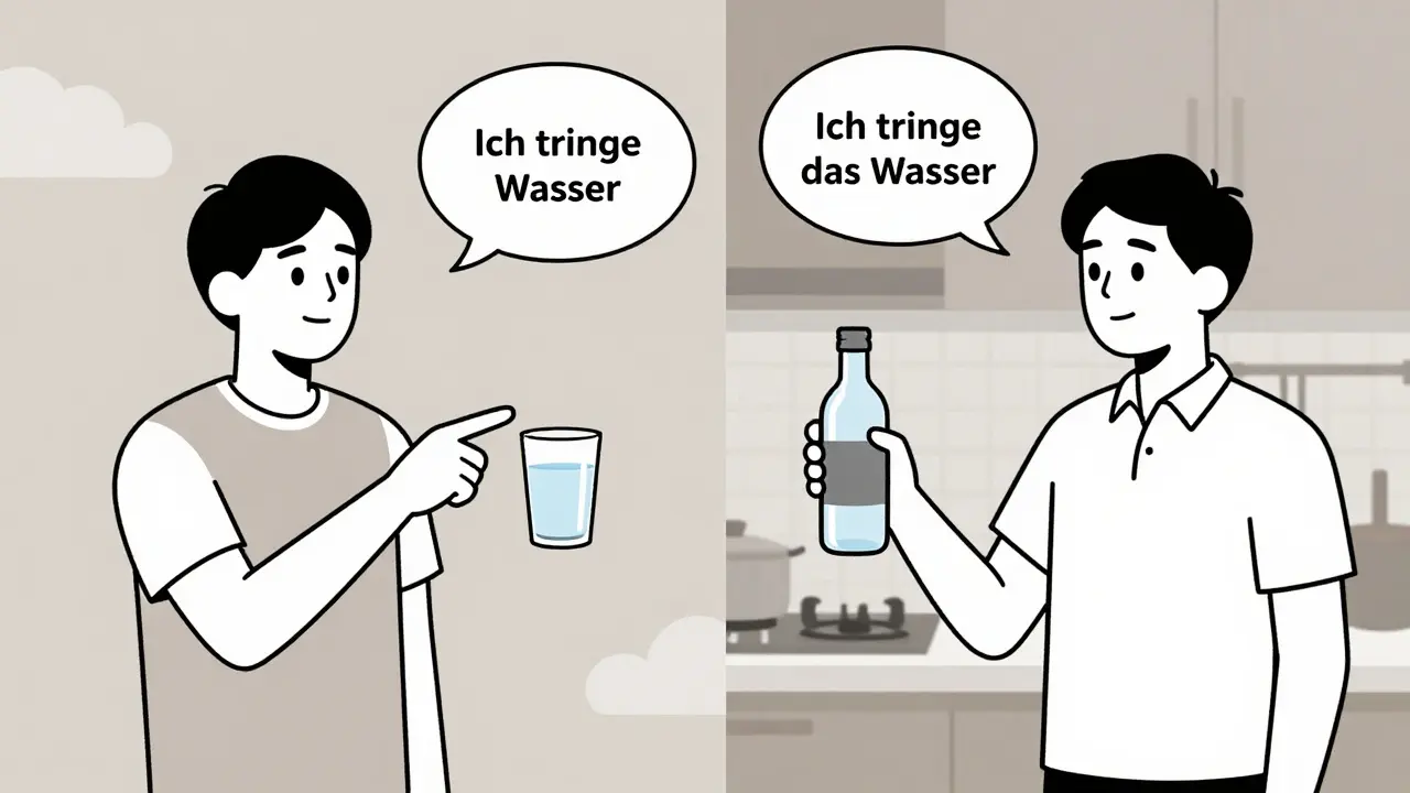 Dvě scény: obecná voda vs. konkrétní láhev vody, bez a s členem.