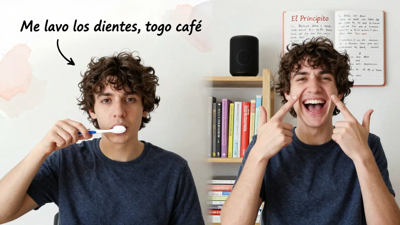 Dvě scény: osoba si šepce ve španělštině při čištění zubů a zároveň se směje s jazykovým partnerem přes videohovor.