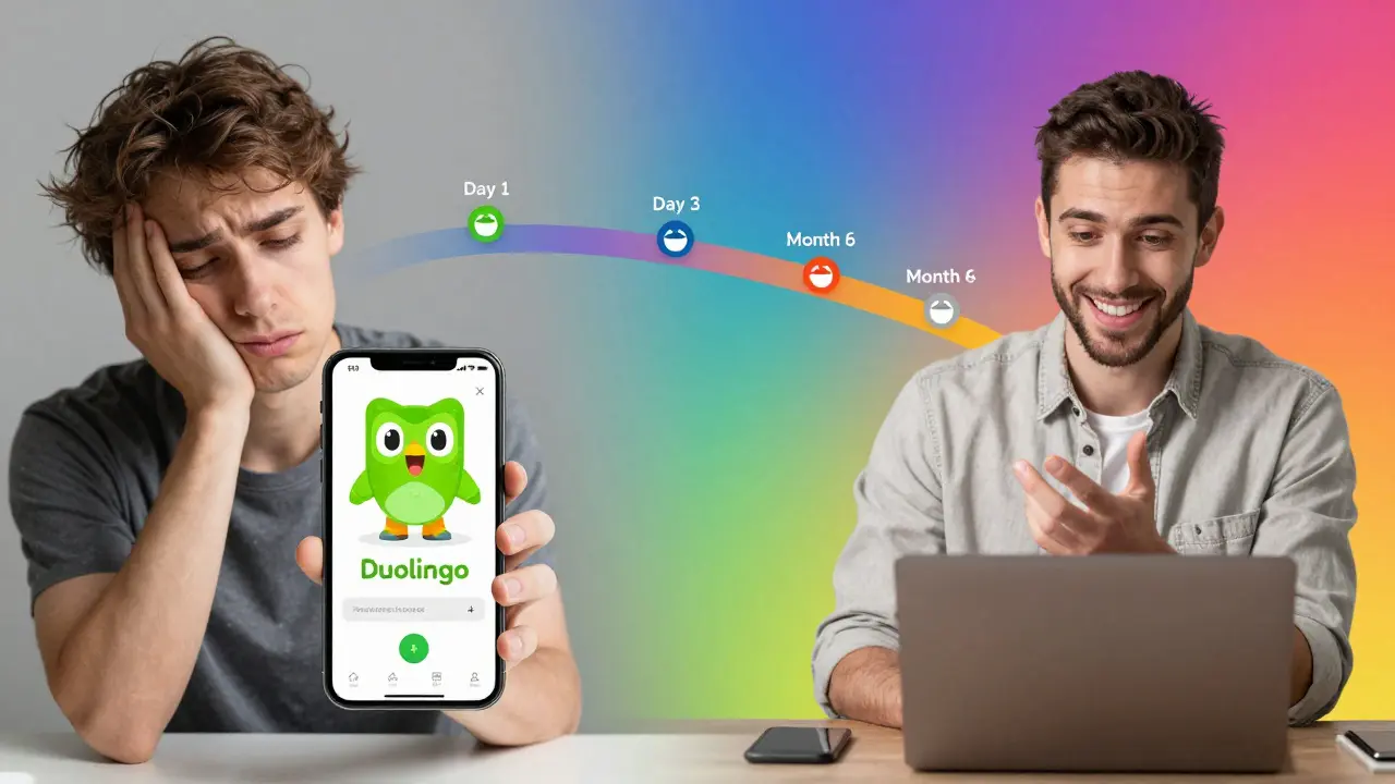 Dvě strany jedné osoby: jedna unavená před aplikací, druhá radostná při hovoru v angličtině