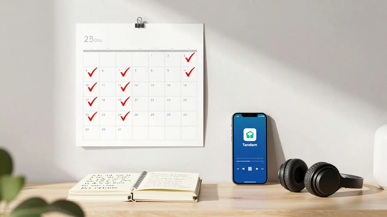 Kalendář s 25 značkami, sešity s anglickými větami a sluchátky na podcast