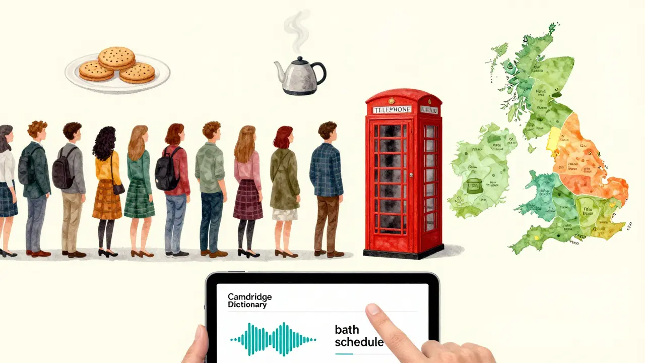 Kolekce britských kulturních symbolů — fronta, biscuit, čajový hrnek a mapa akcentů.