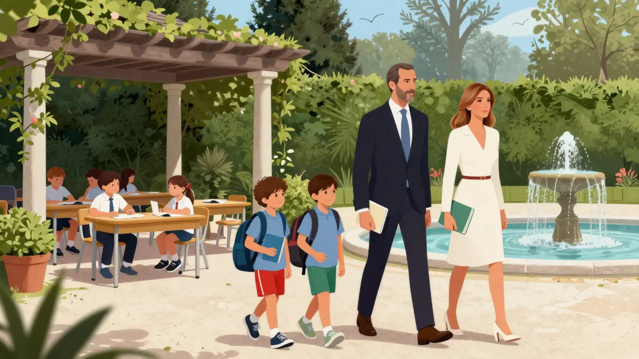 Královská rodina ve španělském domě s dětmi, když jdou do školy v zahradě.