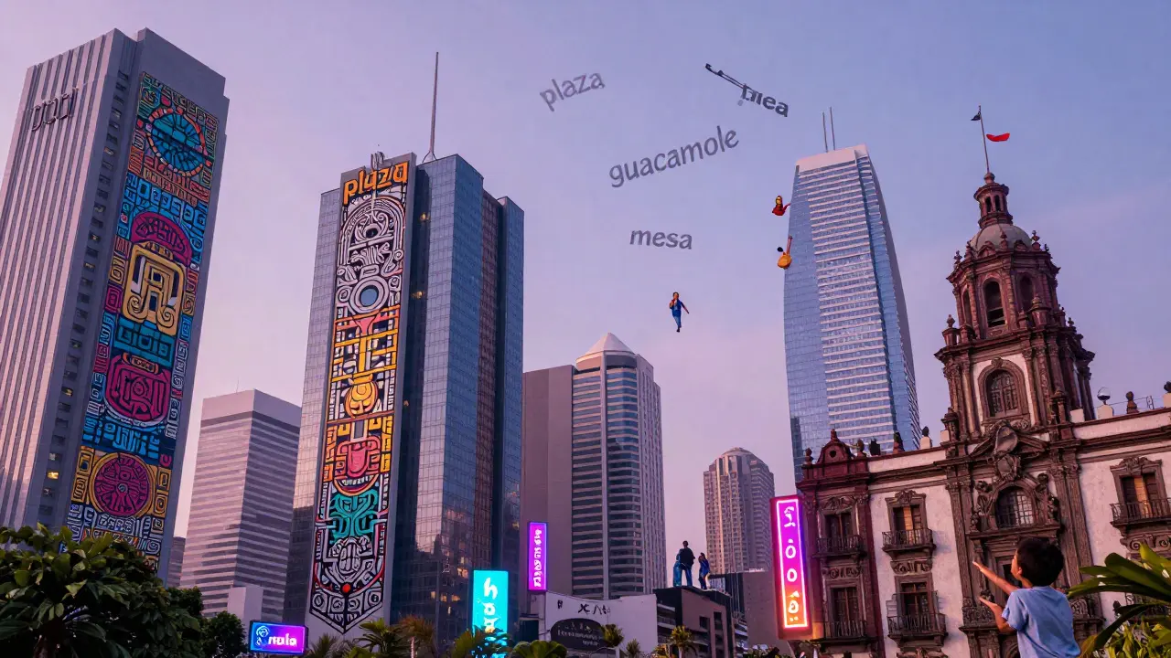 Moderní město, kde se míchají architektury Madridu, Mexika a Manily, s plavoucími slovy z španělštiny a dalších jazyků.