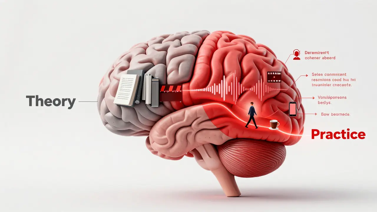 Mozek s dvěma cestami: jedna zablokovaná učebnicemi, druhá živá s audiem a denními činy v angličtině.