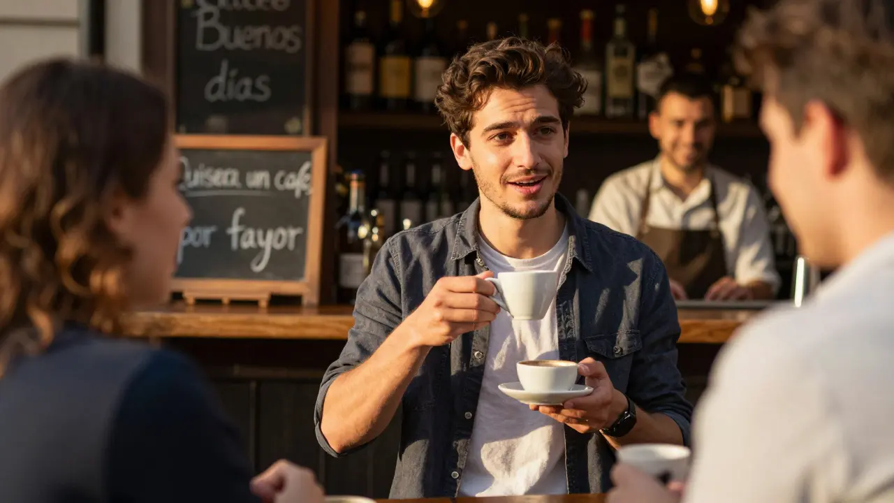 Muž v španělském baru v Plzni říká 'Quisiera un café, por favor' s úsměvem barmana, který ho podporuje.