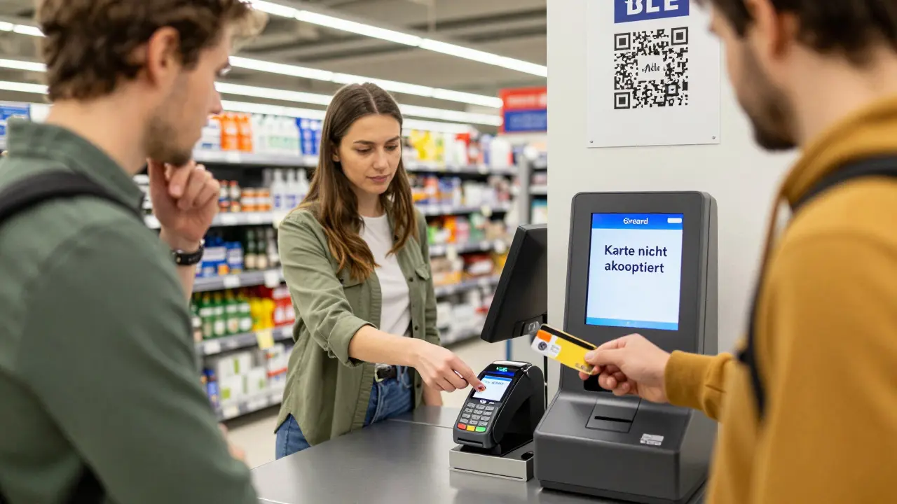Německý supermarket: cestovatel se snaží zaplatit kartou bez čipu, terminál to odmítá.